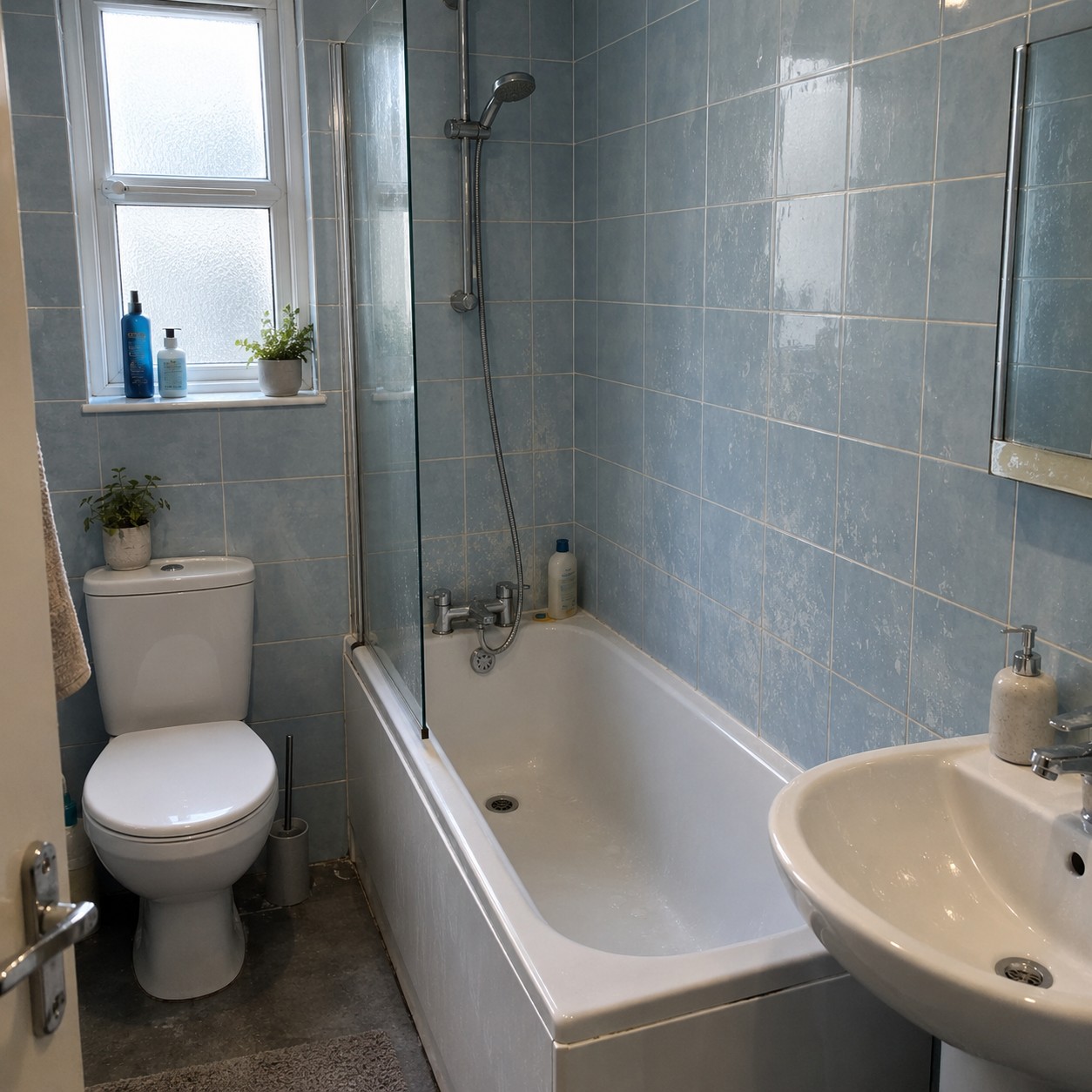 Standard London bathroom with signs of limescale on the wall tiles