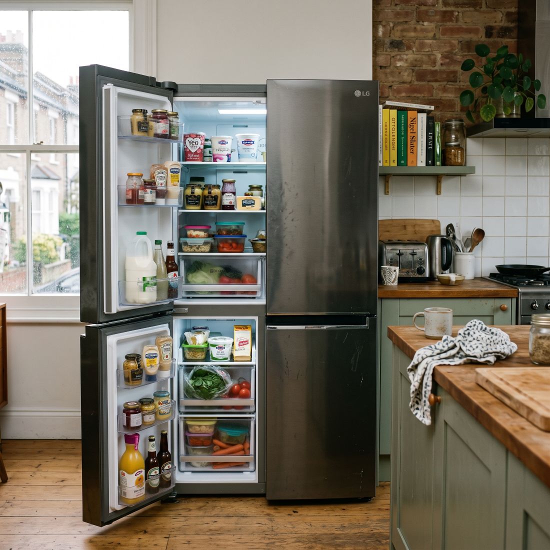 a large, modern LG refrigerator left open in a contemporary London kitchen